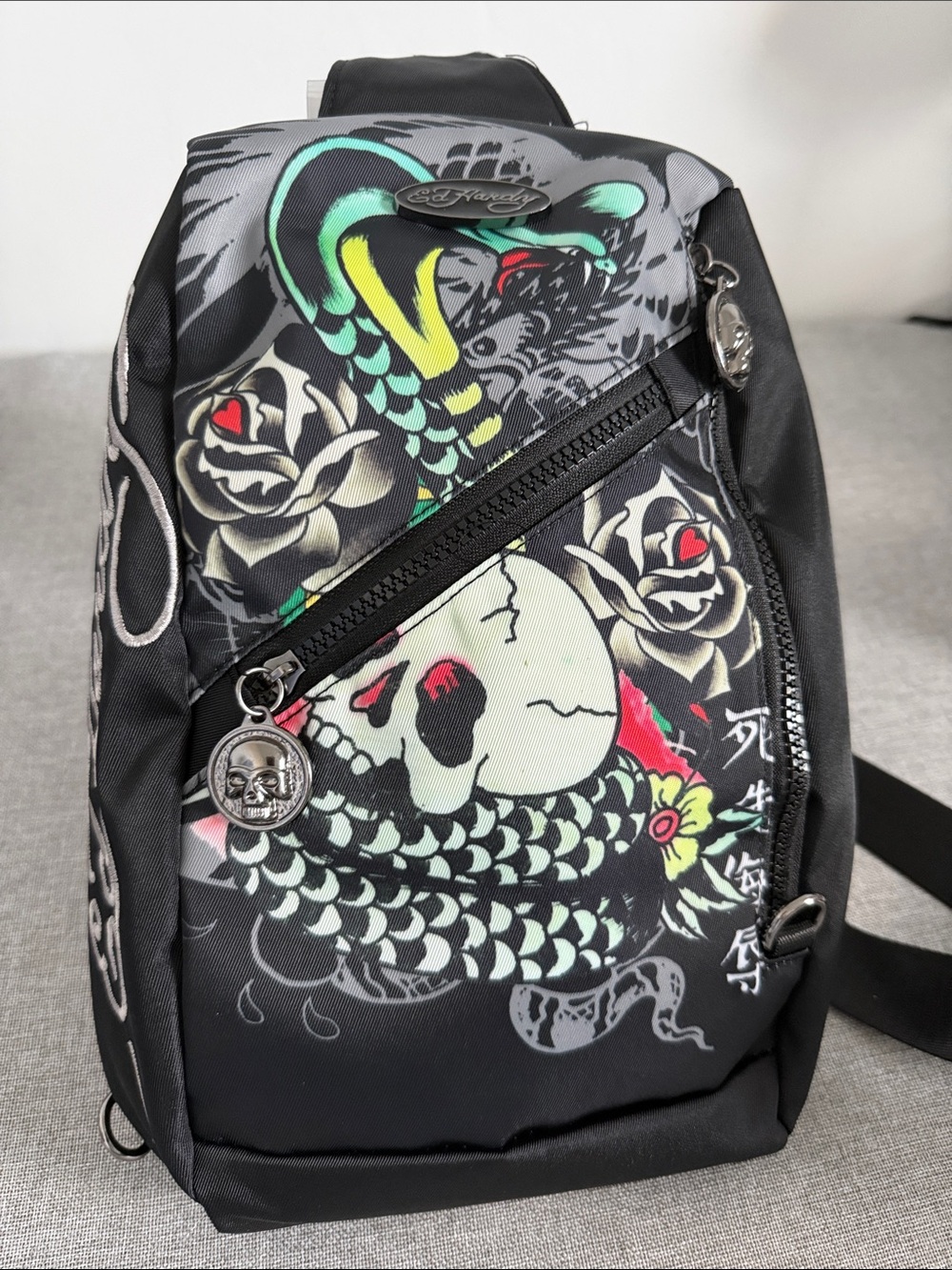 Ed Hardy Black Sling Bag with Neon Green Snake & Red Accent Graphics